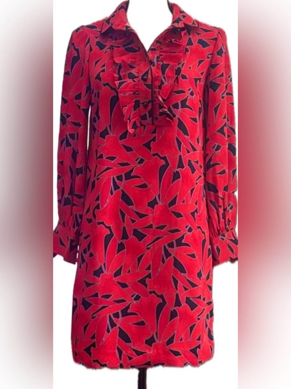Ann Taylor Red and Black Long Sleeve Ruffle Shift Dress